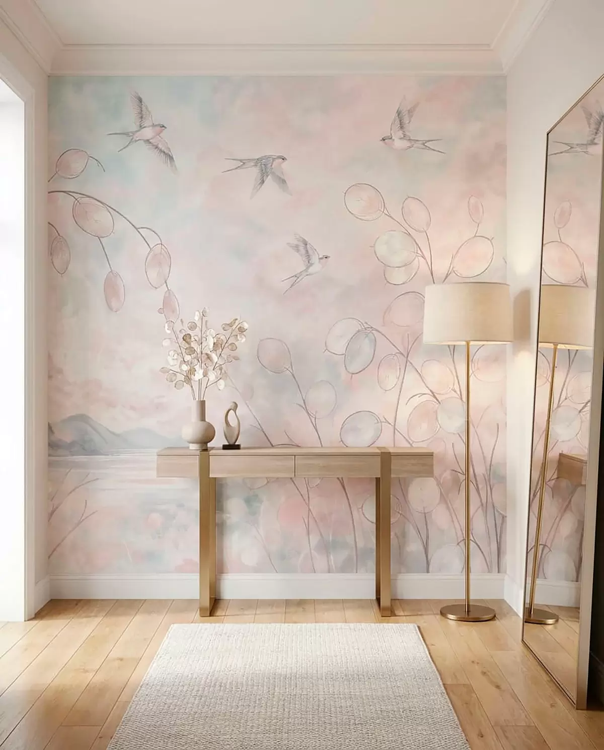 murales de pared Golondrinas y plantas delicadas en tonos pastel w05892v1