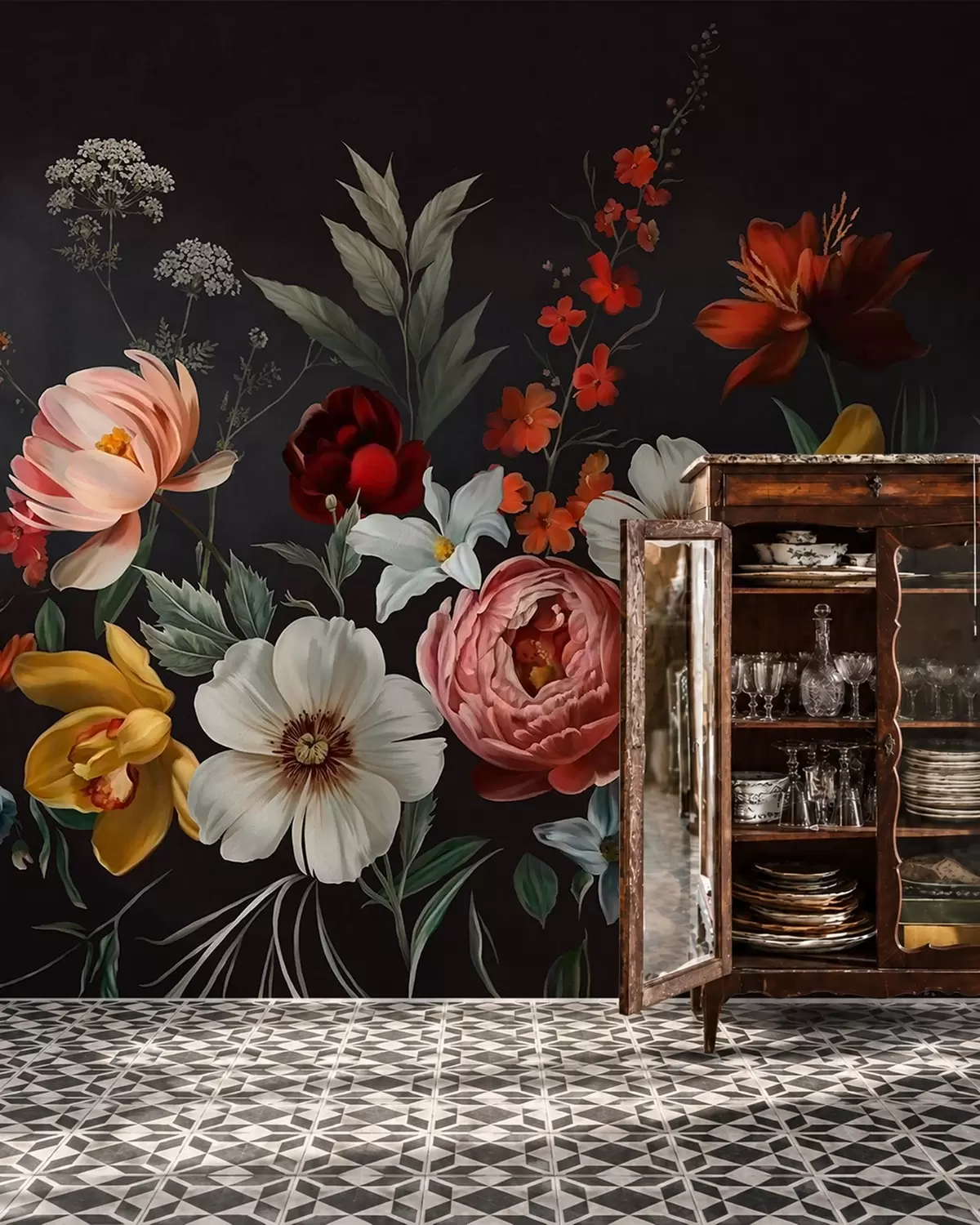murales de pared Exuberante arreglo de flores de colores sobre un fondo oscuro w05960
