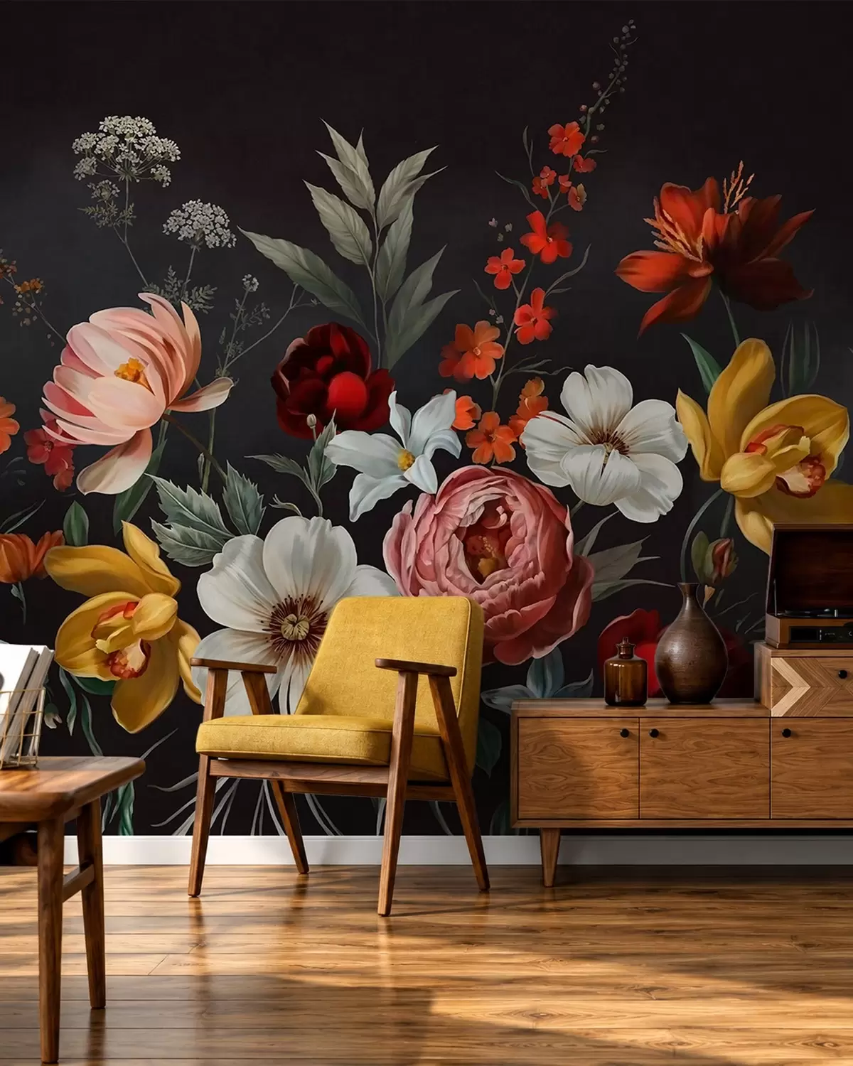 murales de pared Exuberante arreglo de flores de colores sobre un fondo oscuro w05960