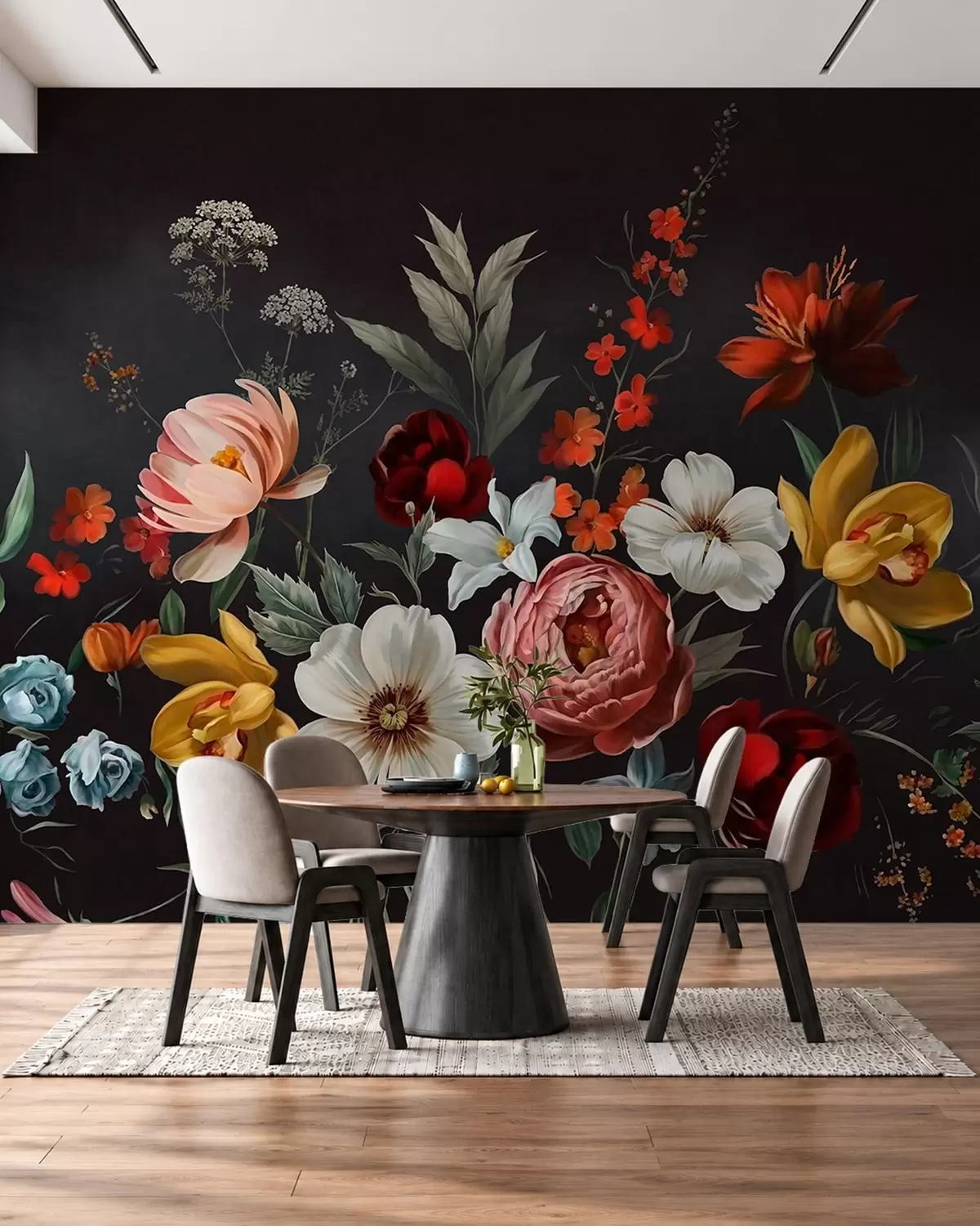 murales de pared Exuberante arreglo de flores de colores sobre un fondo oscuro w05960