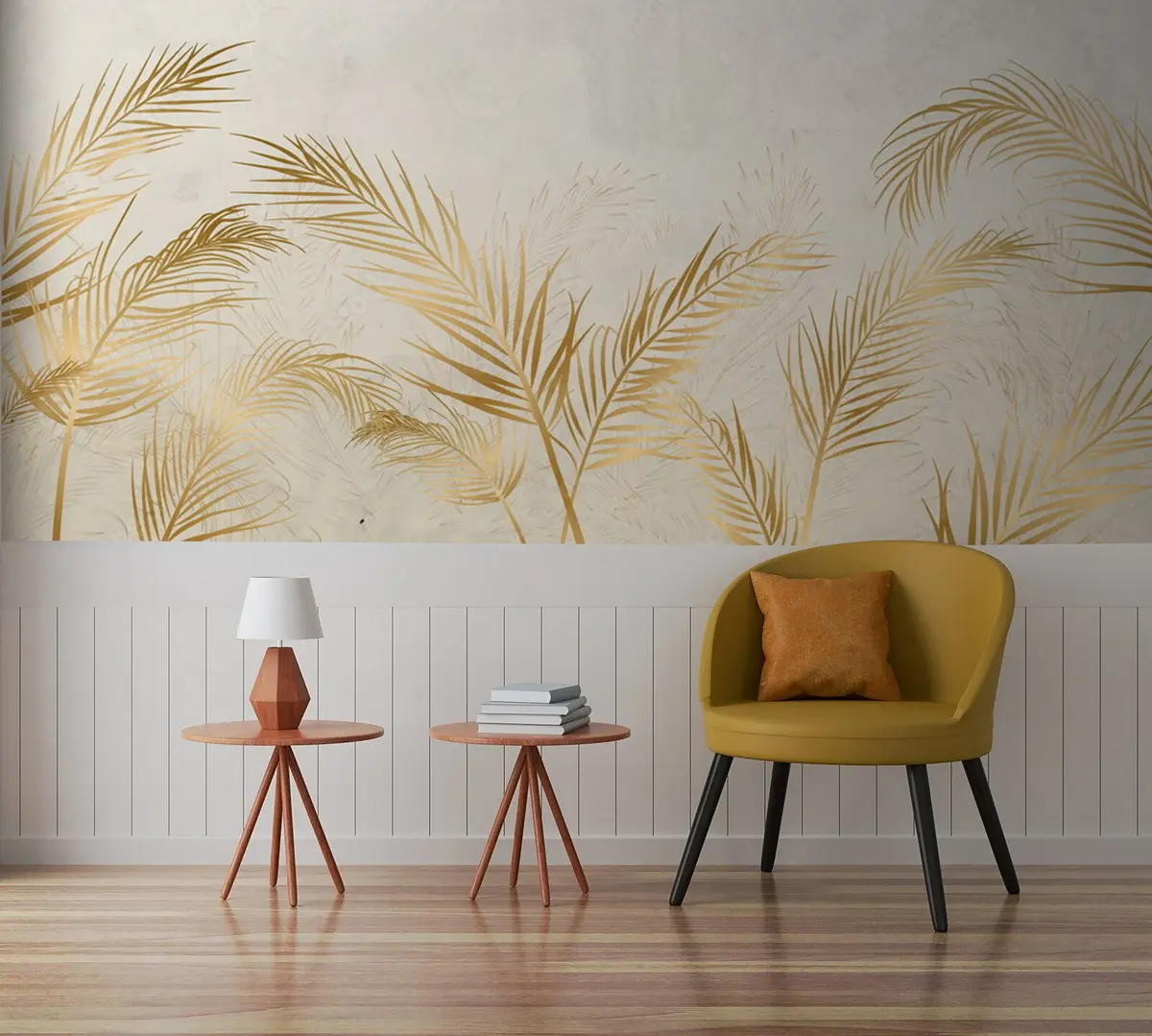 murales de pared Palmera amarilla zorro sobre fondo gris, hojas de helecho u72114