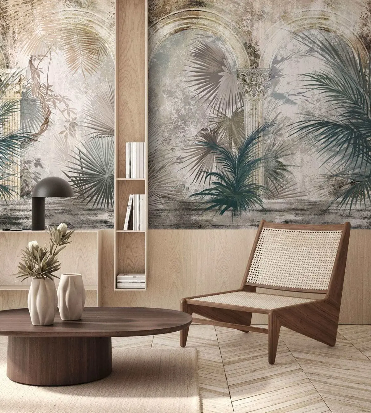 murales de pared Entre las columnas se encuentran plantas y hojas tropicales y exóticas. u78667