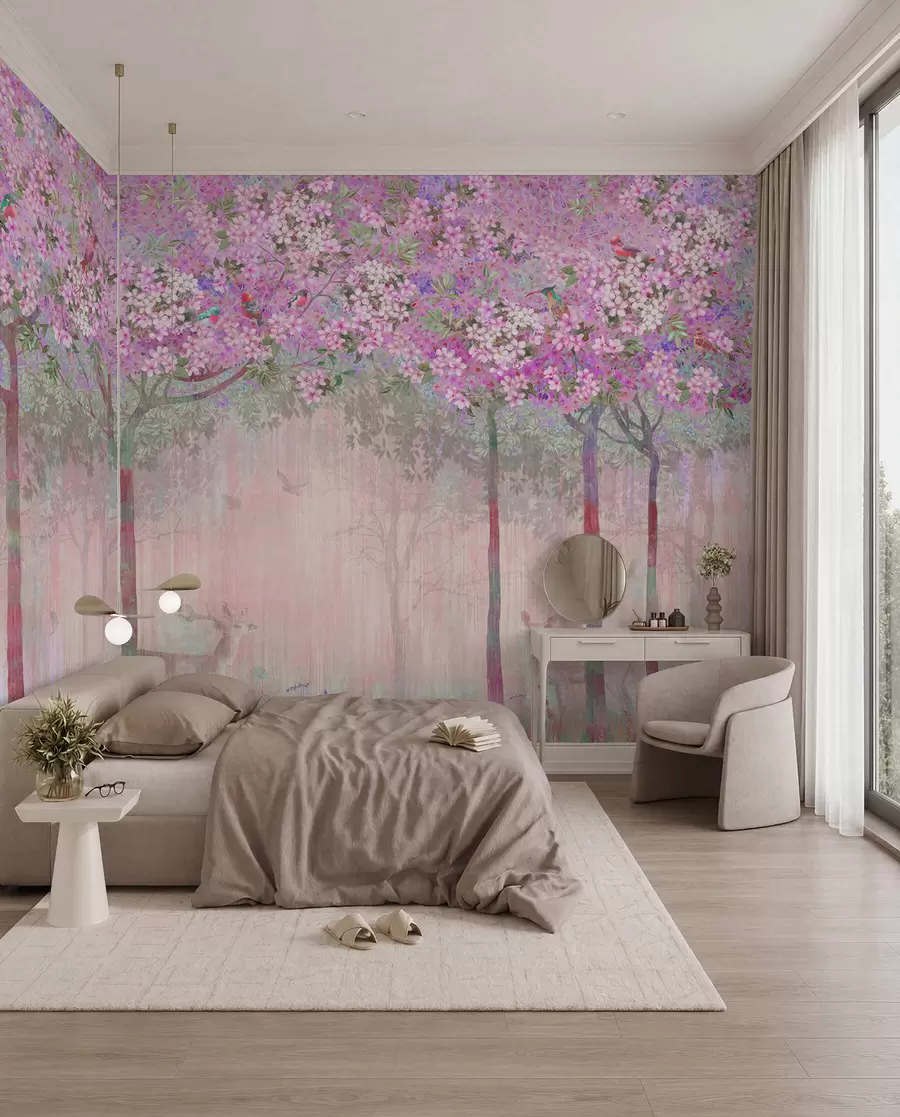 murales de pared Ciervo entre flores rosas u62100v3