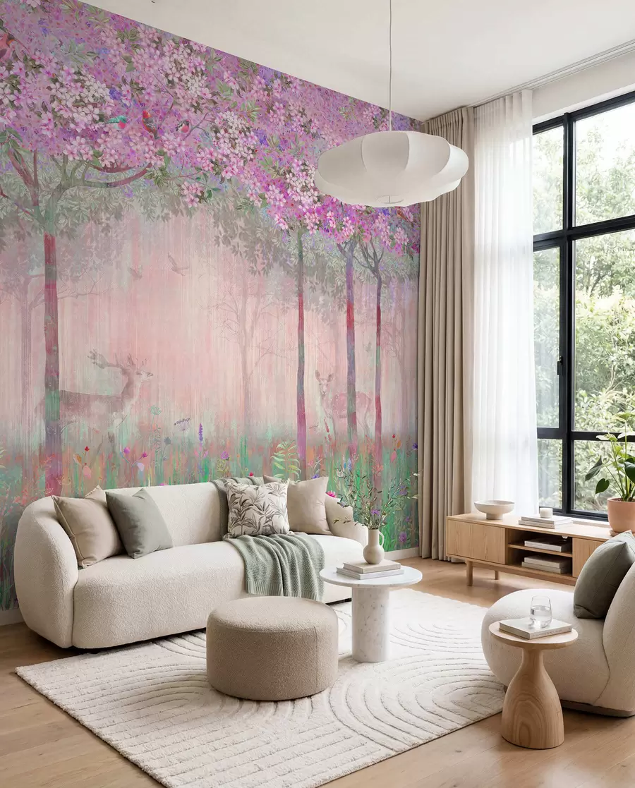 murales de pared Ciervo entre flores rosas u62100v3