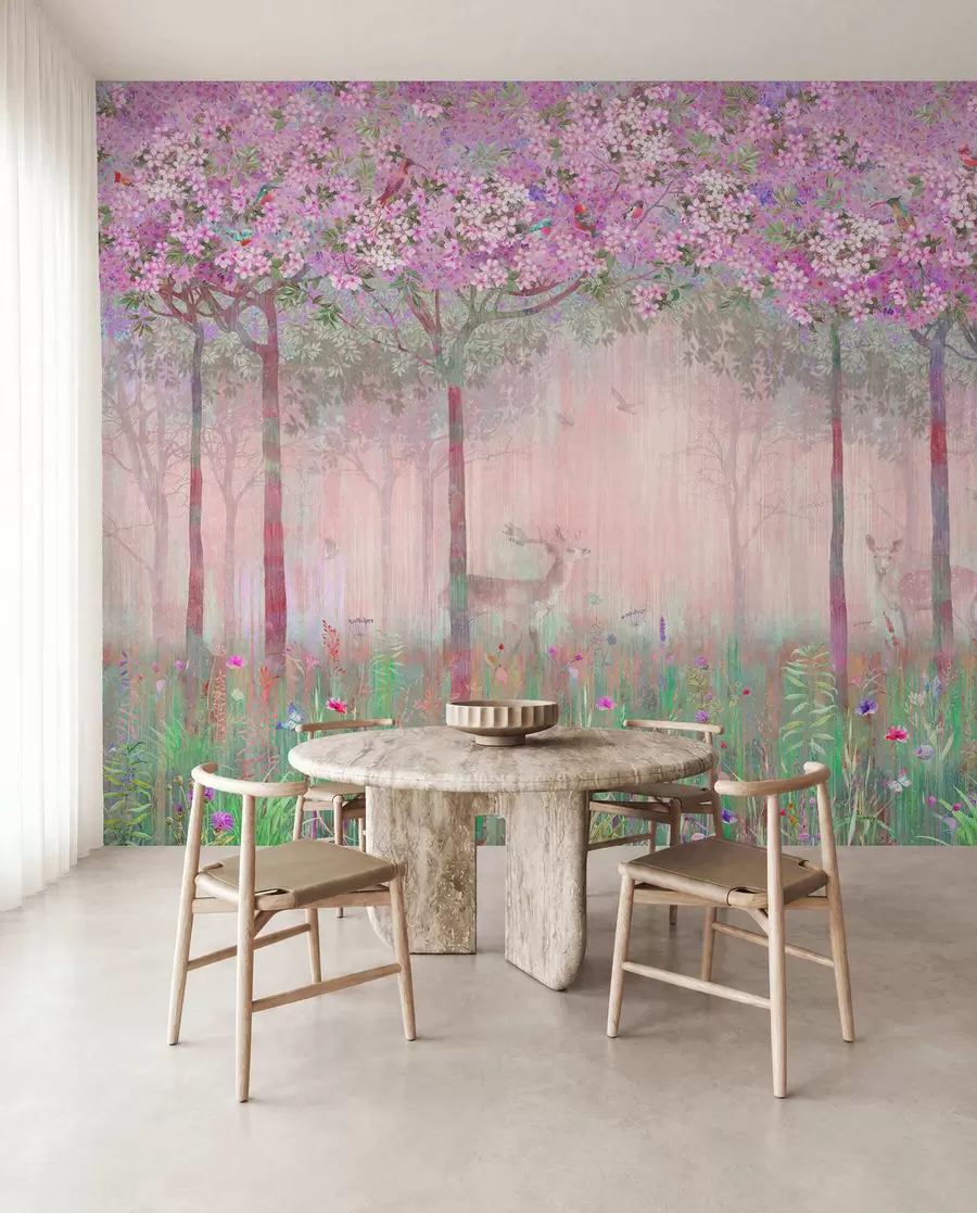 murales de pared Ciervo entre flores rosas u62100v3