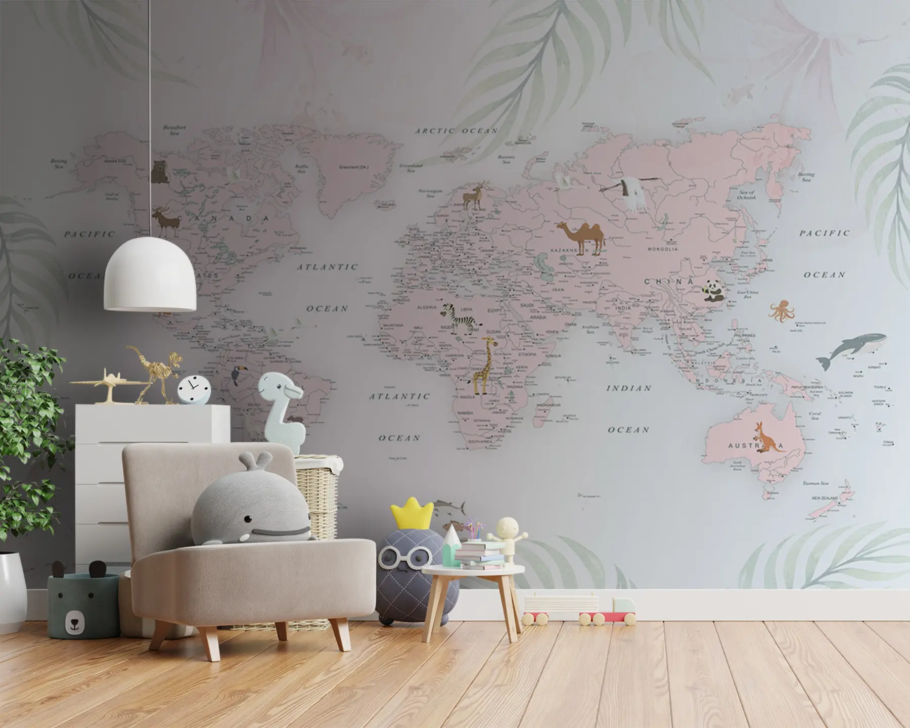 murales de pared Mapa mundial para niñas en estilo rosa u79832
