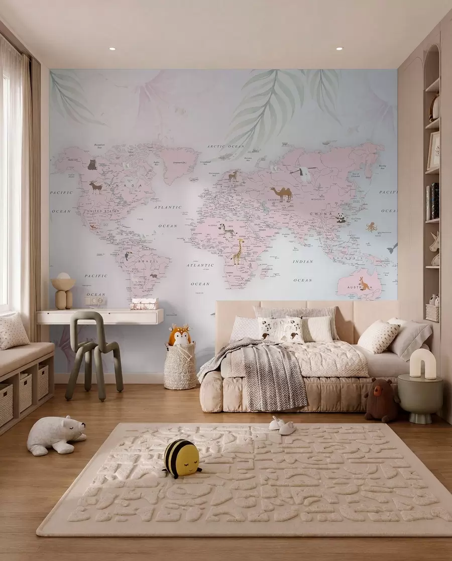 murales de pared Mapa mundial para niñas en estilo rosa u79832