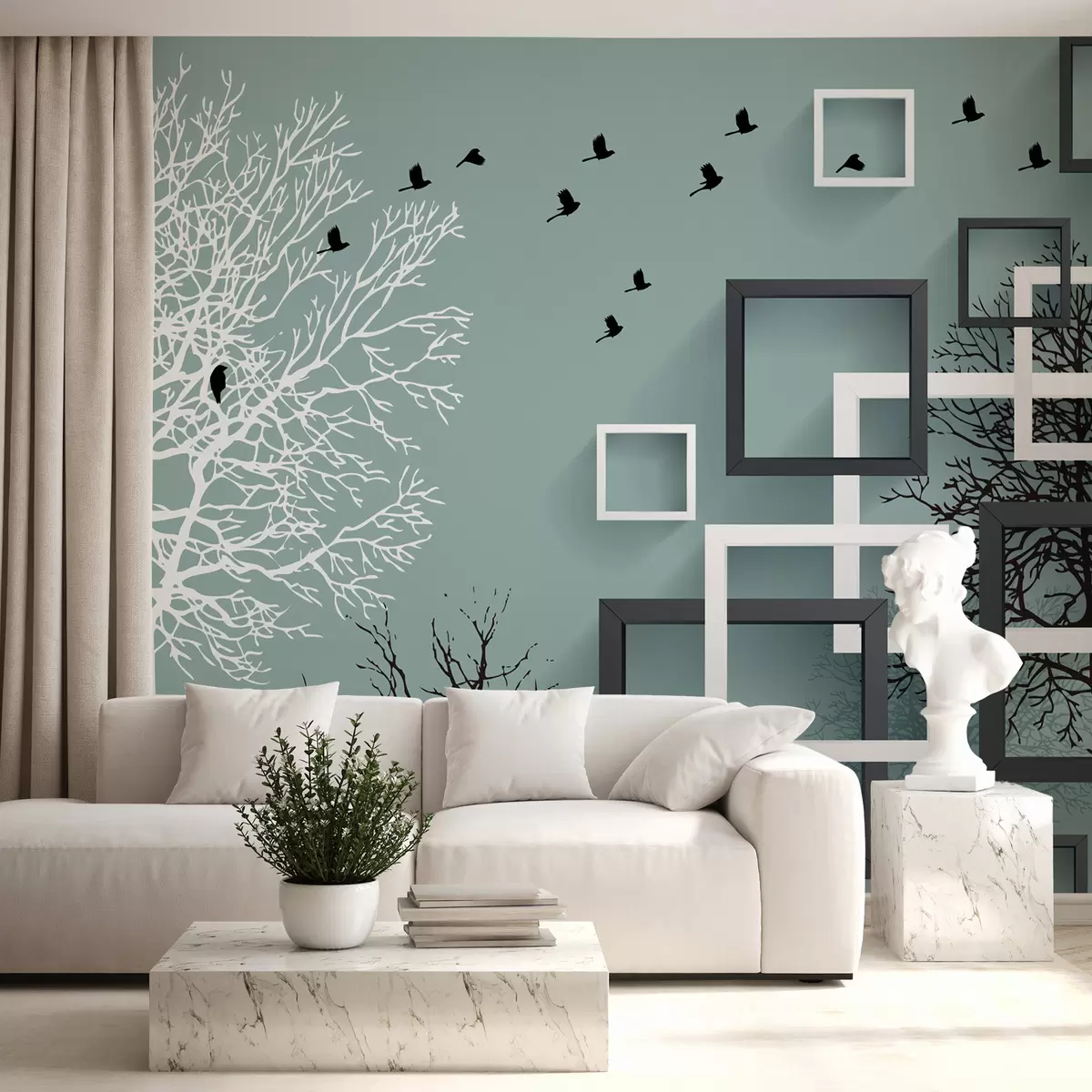 murales de pared Árboles y cuadrados sobre un fondo turquesa u93907