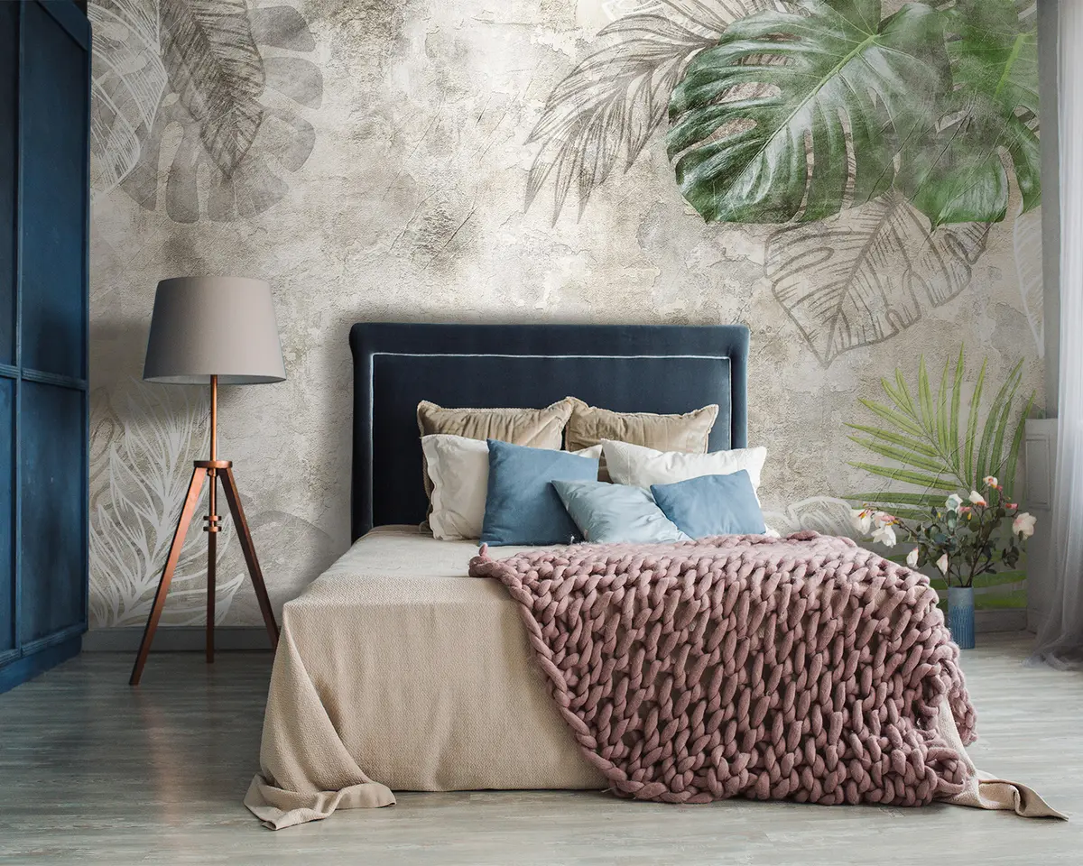 murales de pared Hojas tropicales en una pared envejecida u93964