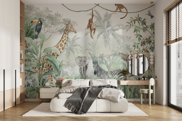 Fotomurale Papel pintado Panorama de la jungla con animales, Fotomurales Infantiles, u74709 : uwalls.com.pe