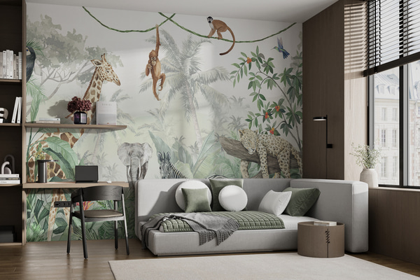 Fotomurale Papel pintado Panorama de la jungla con animales, Fotomurales Infantiles, u74709 : uwalls.com.pe