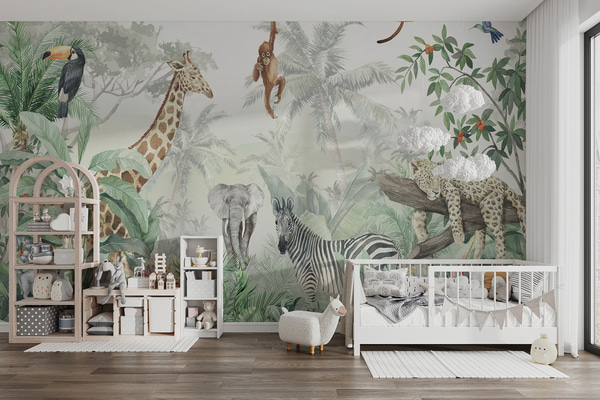 Fotomurale Papel pintado Panorama de la jungla con animales, Fotomurales Infantiles, u74709 : uwalls.com.pe