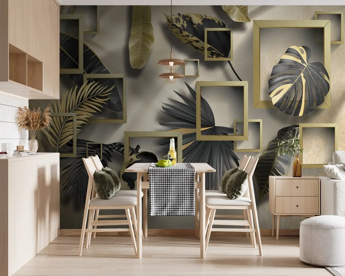 murales de pared Hojas tropicales contra el fondo de los rectángulos marrones u75342