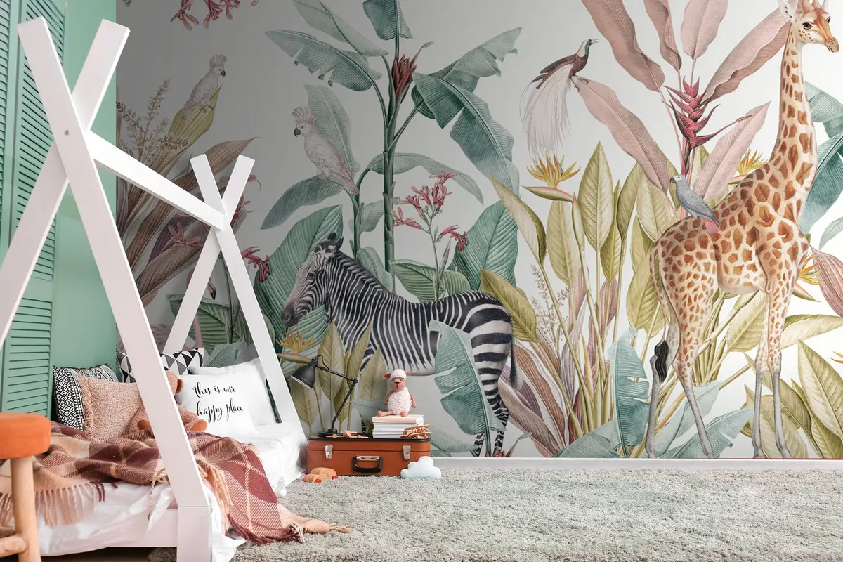 murales de pared Trópicos y animales de la selva brillante u74696