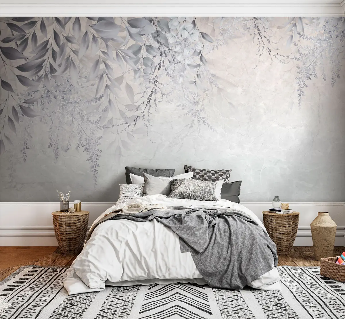 murales de pared Hojas grises con flores u94228