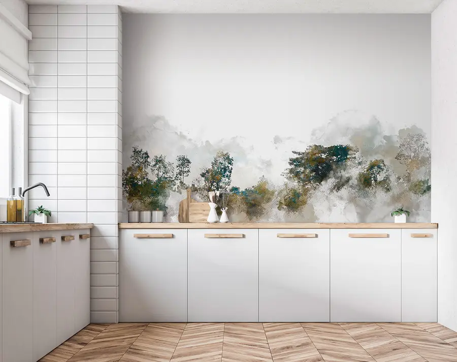 murales de pared Paisaje de acuarela con árbol de pintura de acuarela u75377