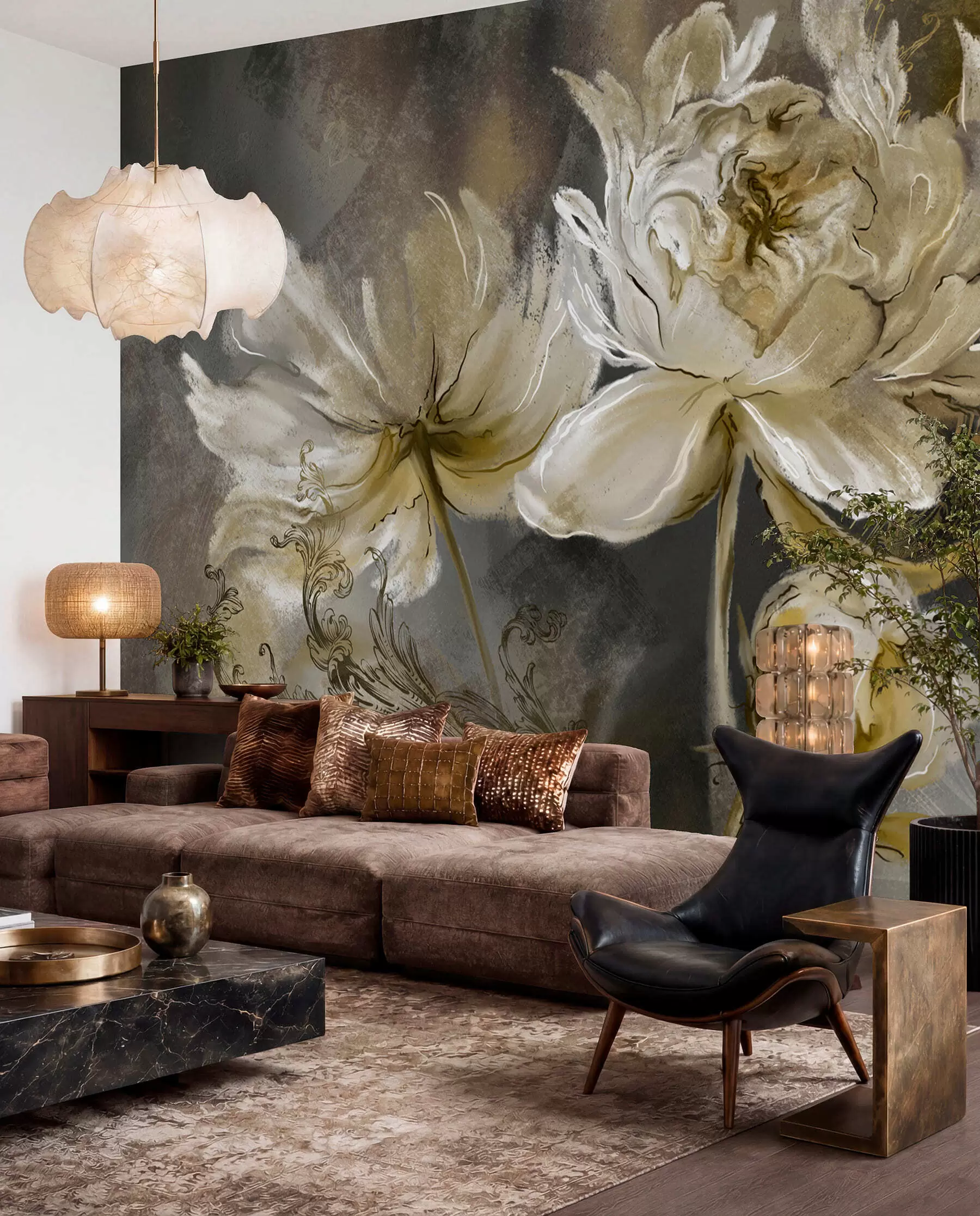 murales de pared Flores vintage en verde oliva u78738