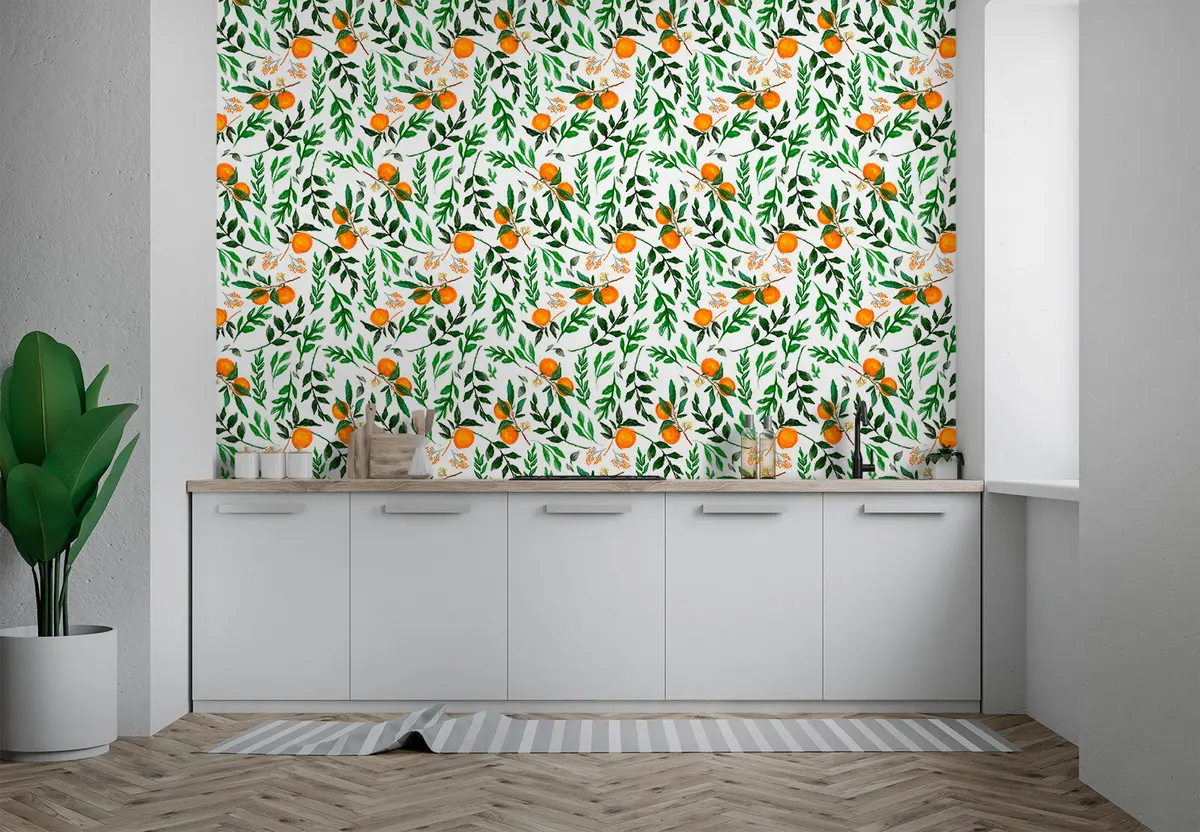 murales de pared Patrón naranja, diseño de papel tapiz con hojas y frutas. u94333