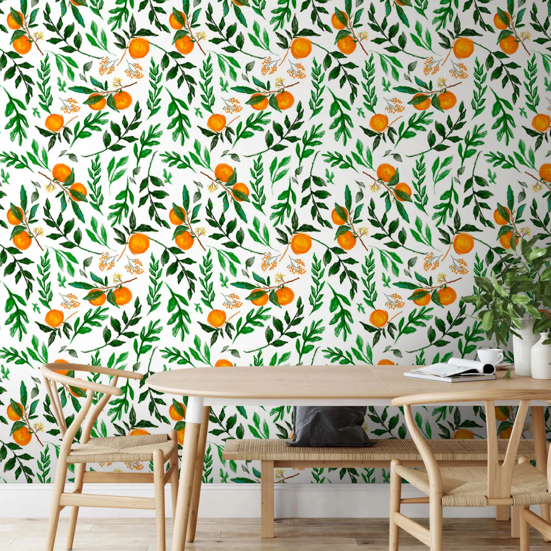 murales de pared Patrón naranja, diseño de papel tapiz con hojas y frutas. u94333