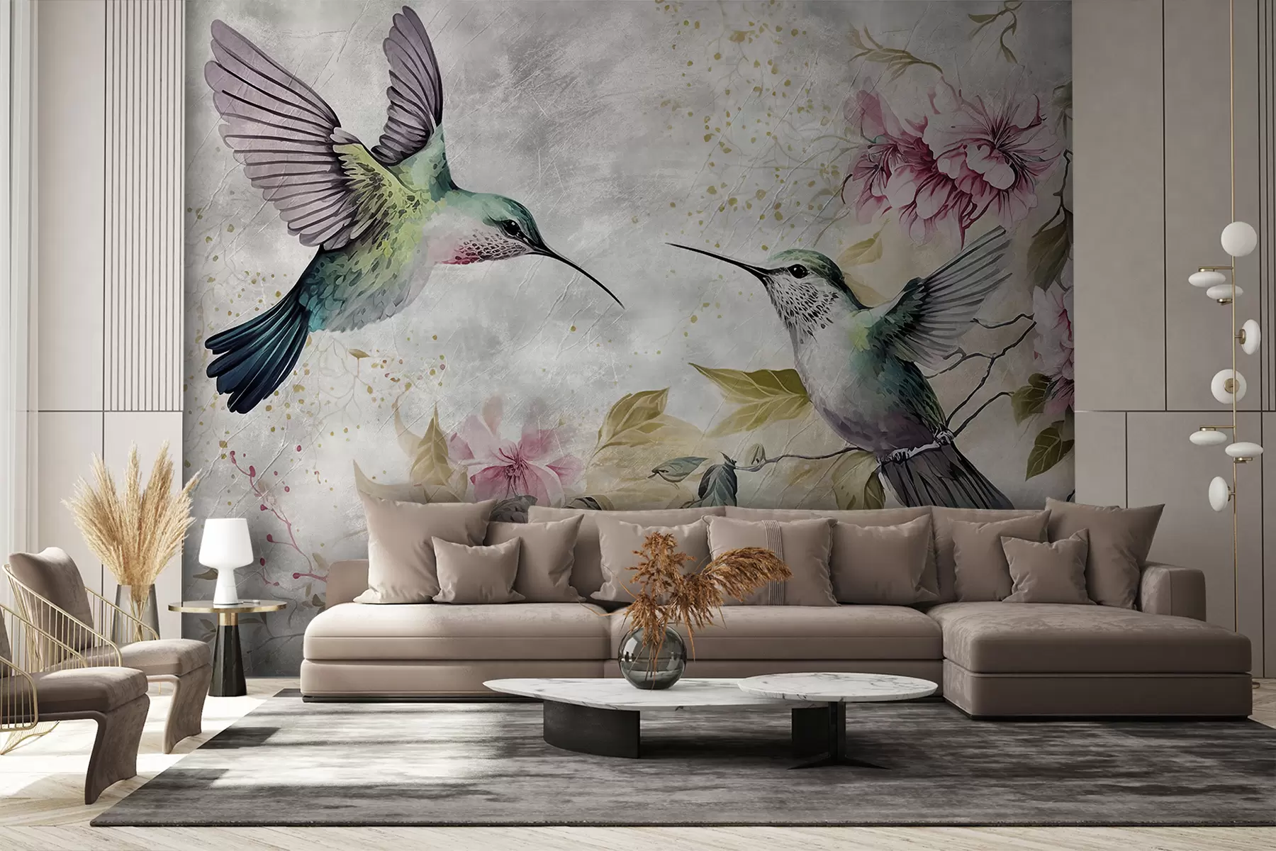 murales de pared Colibríes de acuarela en una rama u93994