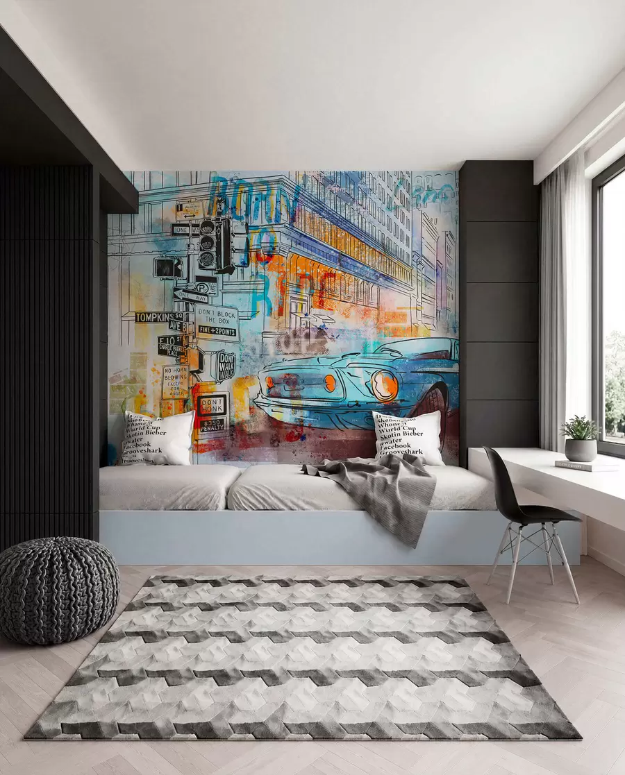 murales de pared Coche azul en grafiti u75814