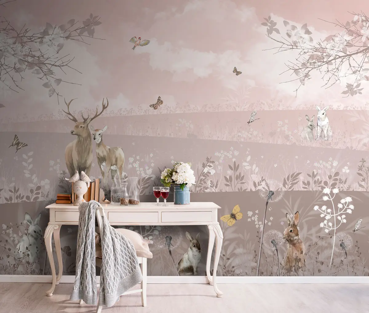 murales de pared Mundo rosa de ensueño con ciervos u94165
