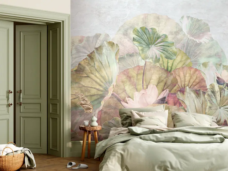 murales de pared Nenúfares verdes y lirios rosas con textura grunge u94272