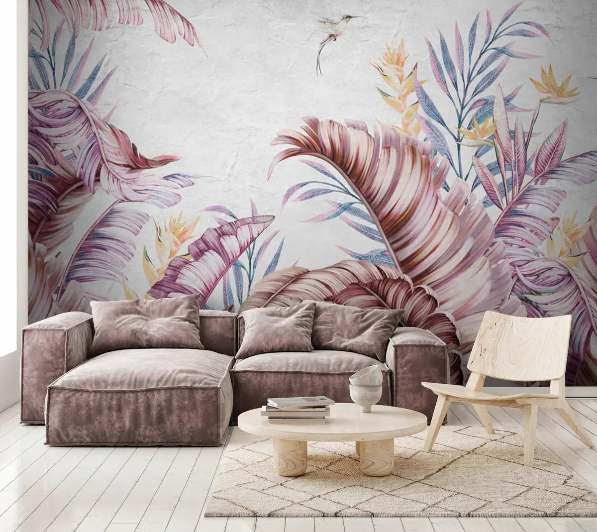 murales de pared Plátano rosa y hojas de palma con pajaritos u94277