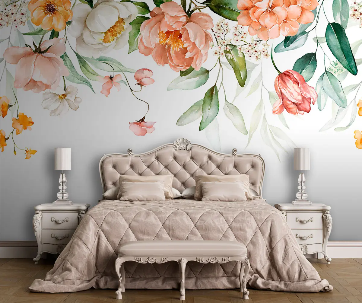 murales de pared Borde de ramo - hojas verdes y flores de color rosa rubor sobre fondo blanco u94427