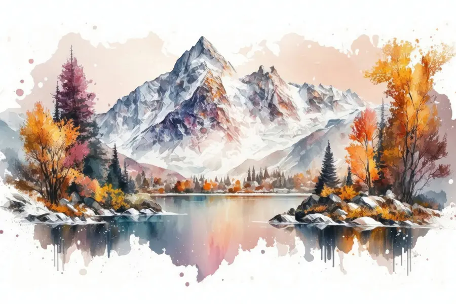 murales de pared Paisaje otoñal de montaña acuarela con nieve en los picos u94782