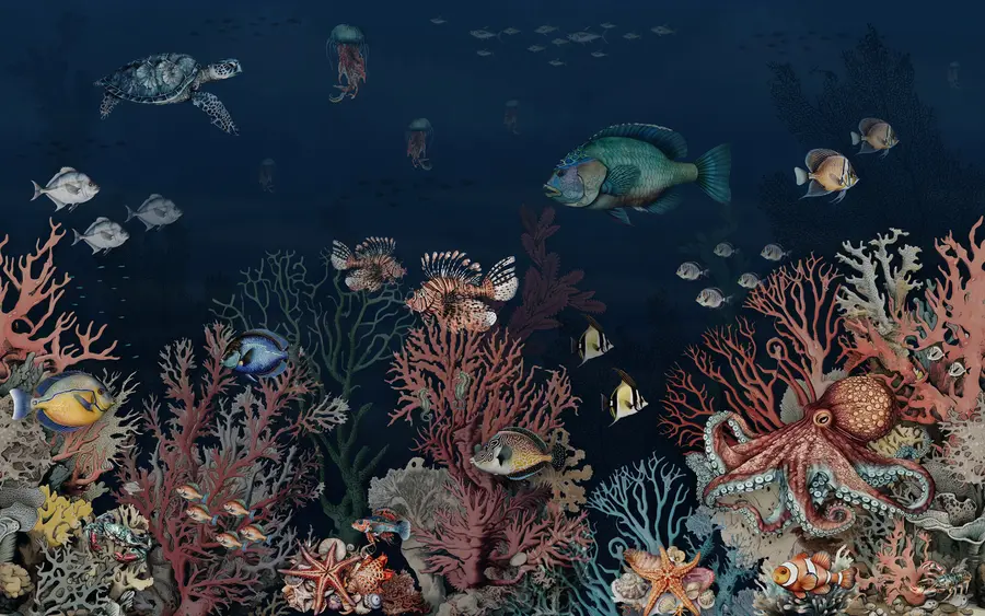 murales de pared Arrecifes de coral y peces en las profundidades de la bahía u94467
