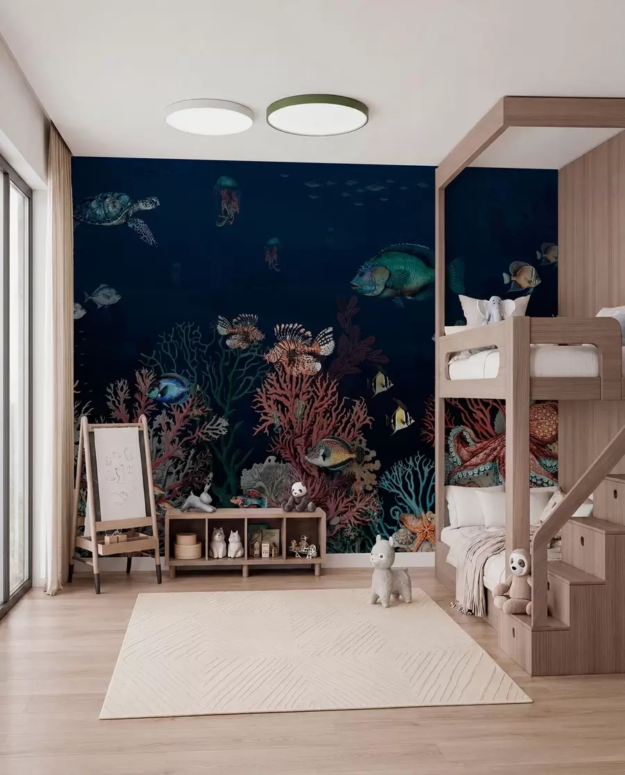 murales de pared Arrecifes de coral y peces en las profundidades de la bahía u94467