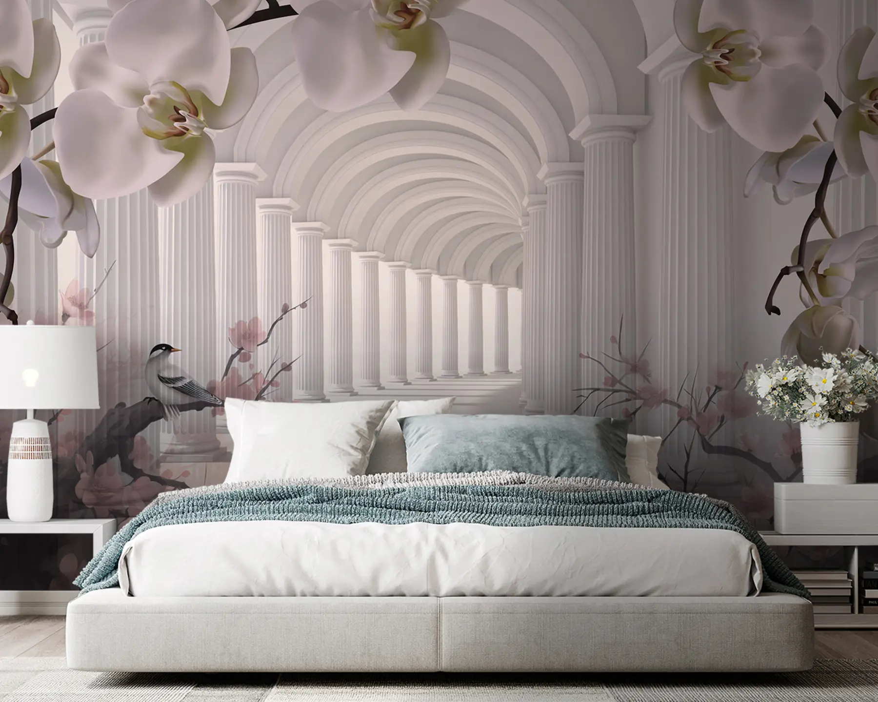 murales de pared Hermoso túnel con pájaros y orquídeas u94513