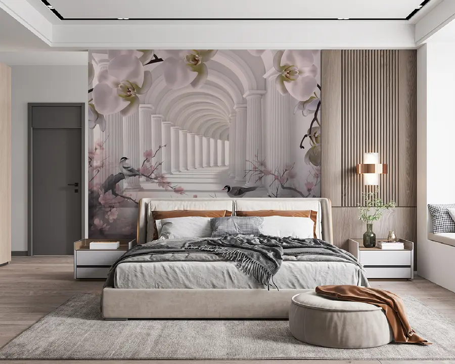 murales de pared Hermoso túnel con pájaros y orquídeas u94513