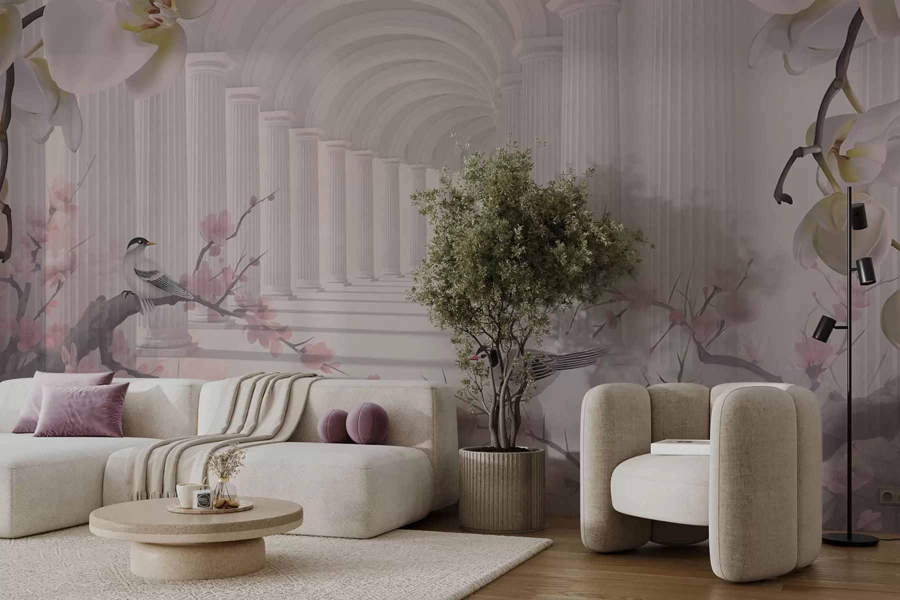murales de pared Hermoso túnel con pájaros y orquídeas u94513