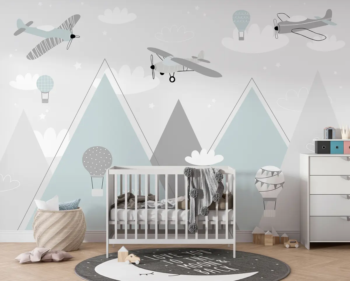 murales de pared Montañas, aviones, aviones y estrellas al estilo escandinavo u95044