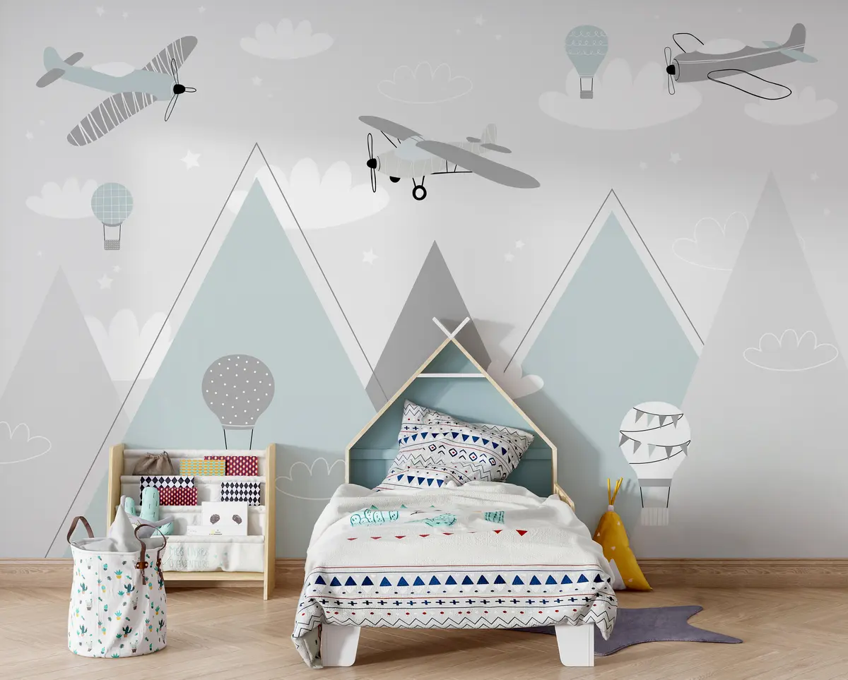 murales de pared Montañas, aviones, aviones y estrellas al estilo escandinavo u95044