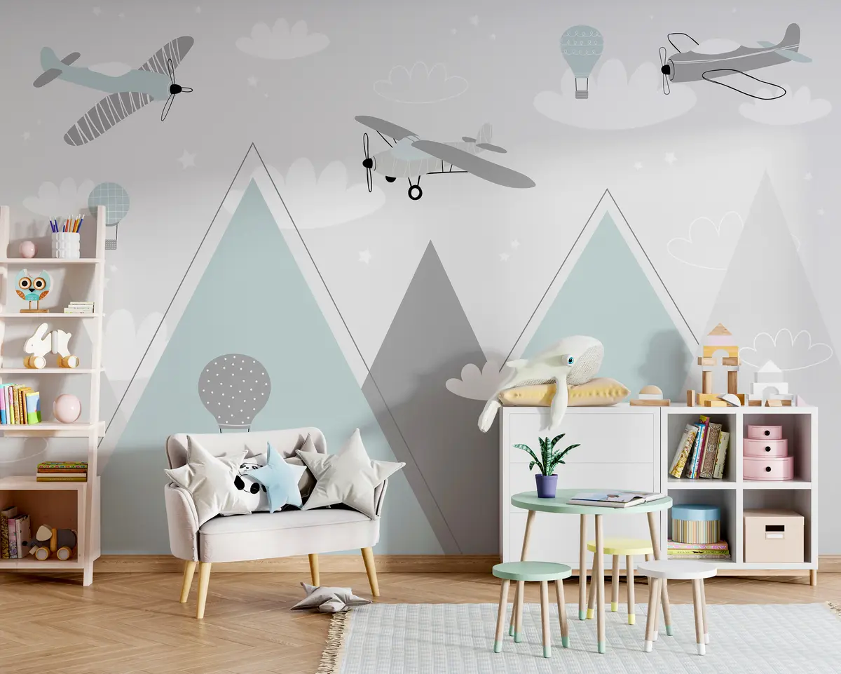 murales de pared Montañas, aviones, aviones y estrellas al estilo escandinavo u95044