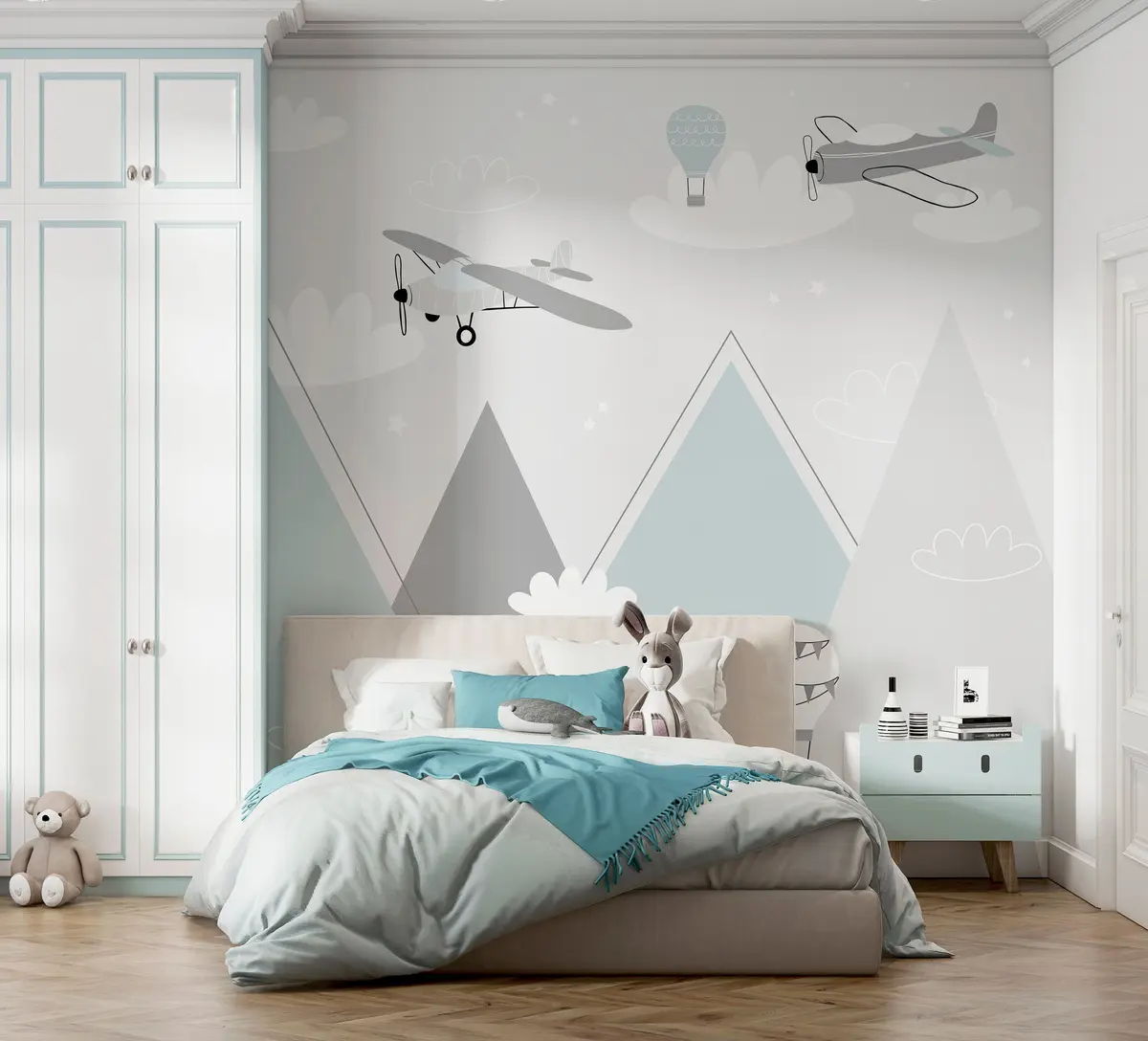murales de pared Montañas, aviones, aviones y estrellas al estilo escandinavo u95044