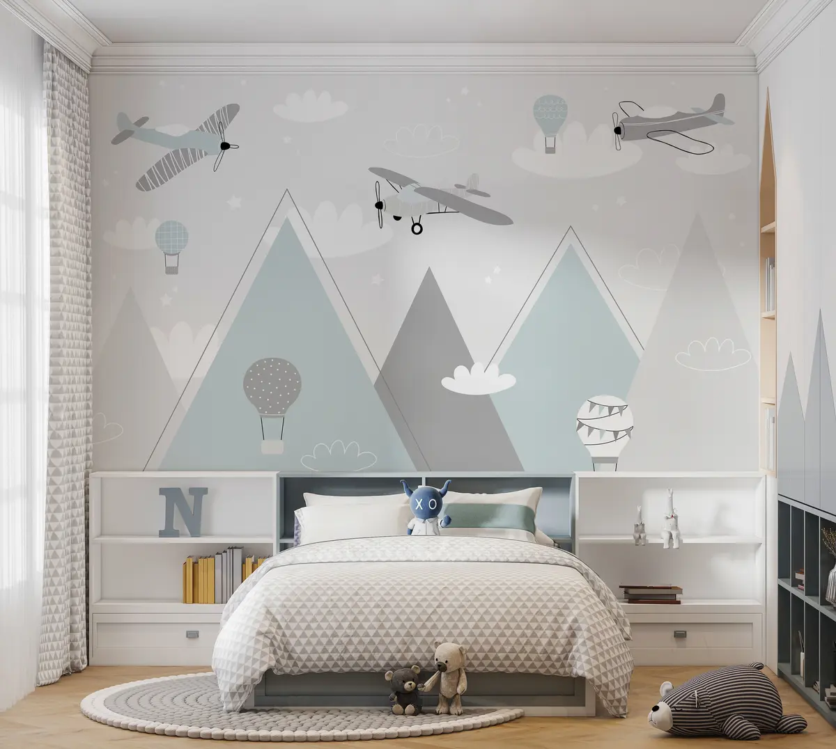 murales de pared Montañas, aviones, aviones y estrellas al estilo escandinavo u95044