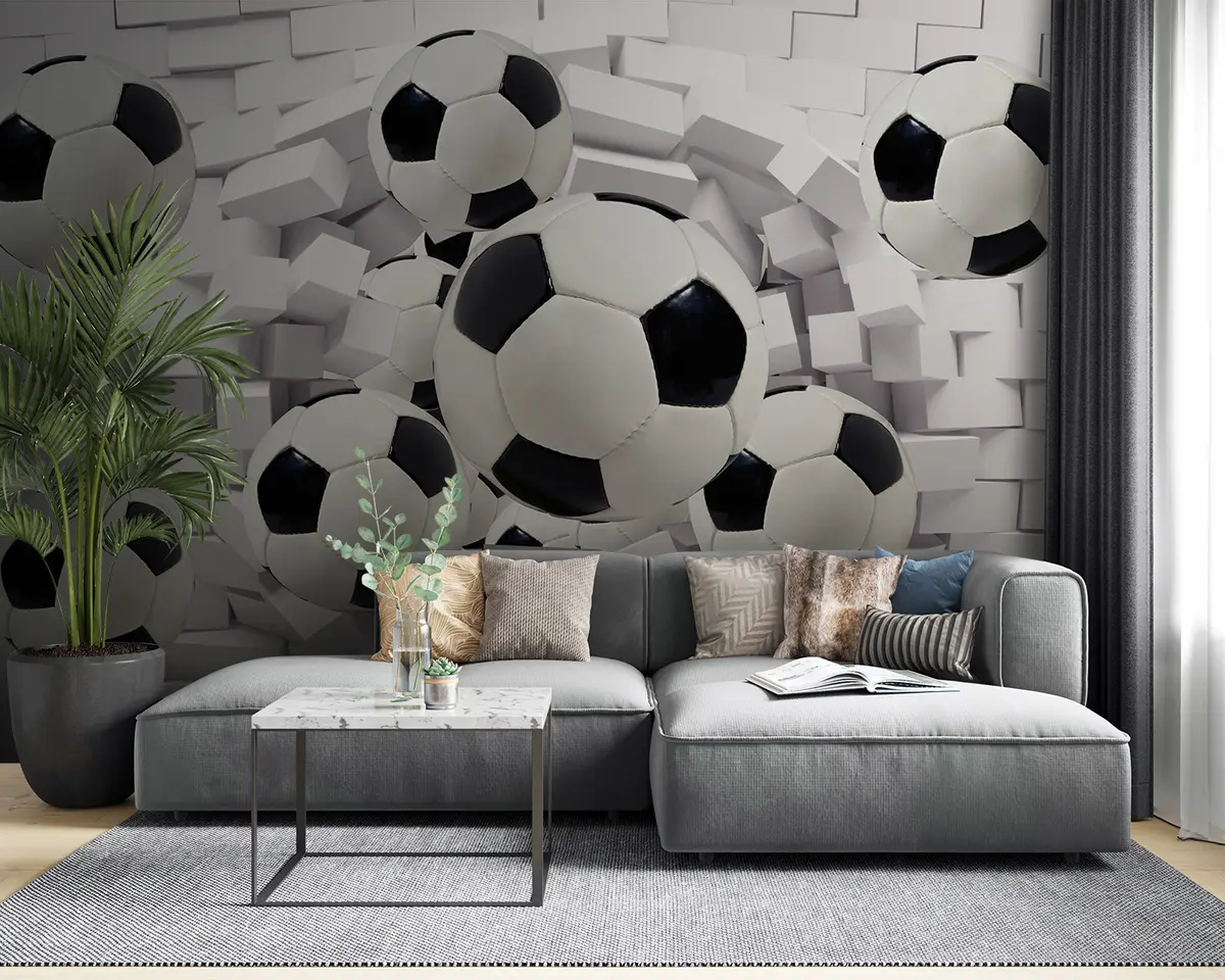 murales de pared Balones de fútbol en el fondo de una pared de ladrillos u94958