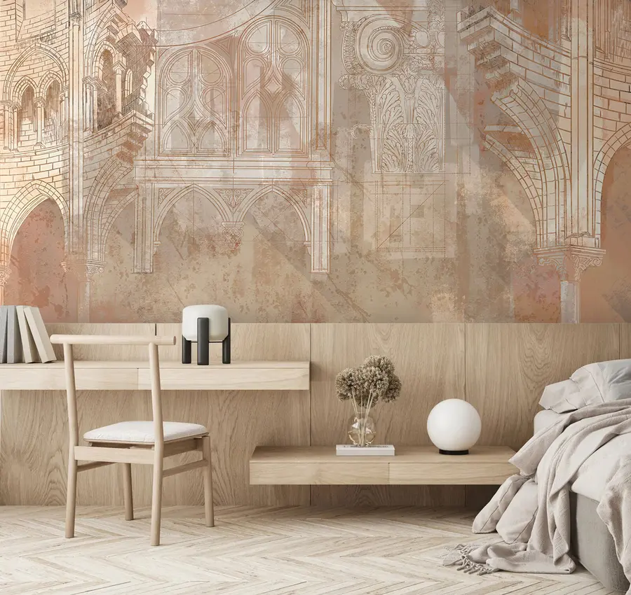 murales de pared Dibujo de arte arquitectónico de columnas y monograma. u95126