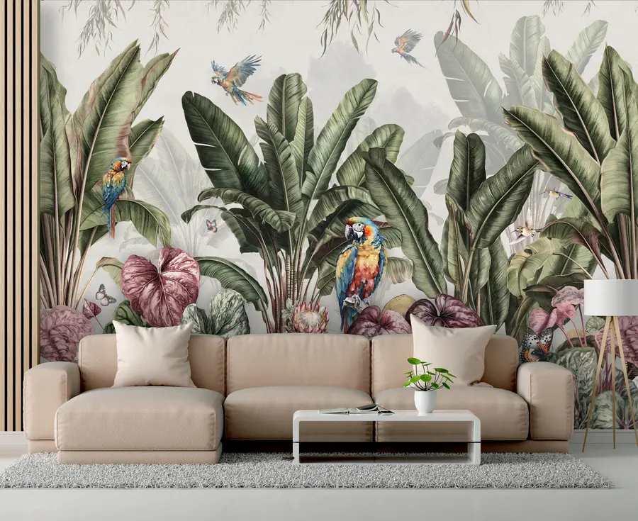 murales de pared Palmas de plátano tropicales en un paisaje con guacamayos y mariposas en estilo vintage u95371