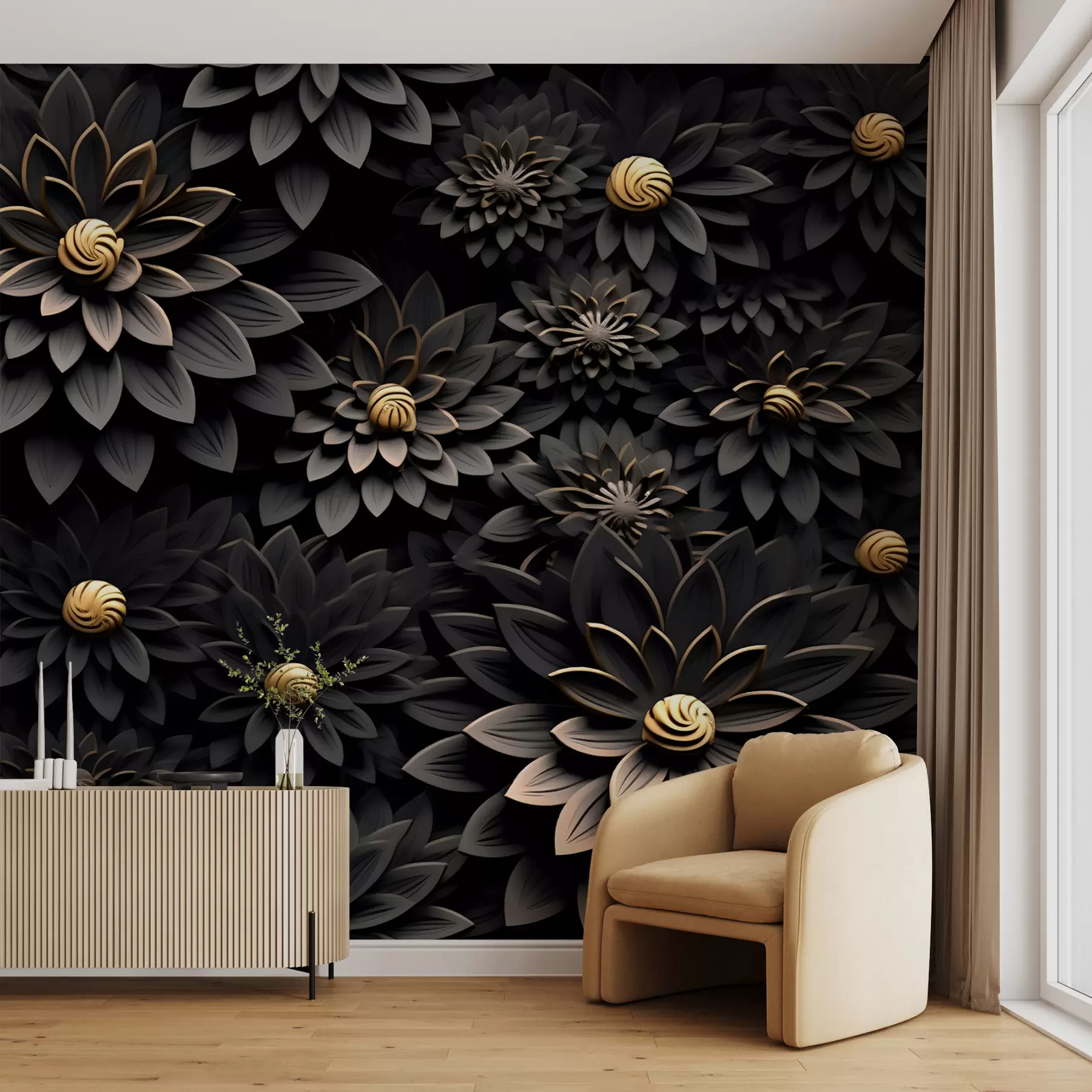 murales de pared Flores negras con efecto 3D u95249
