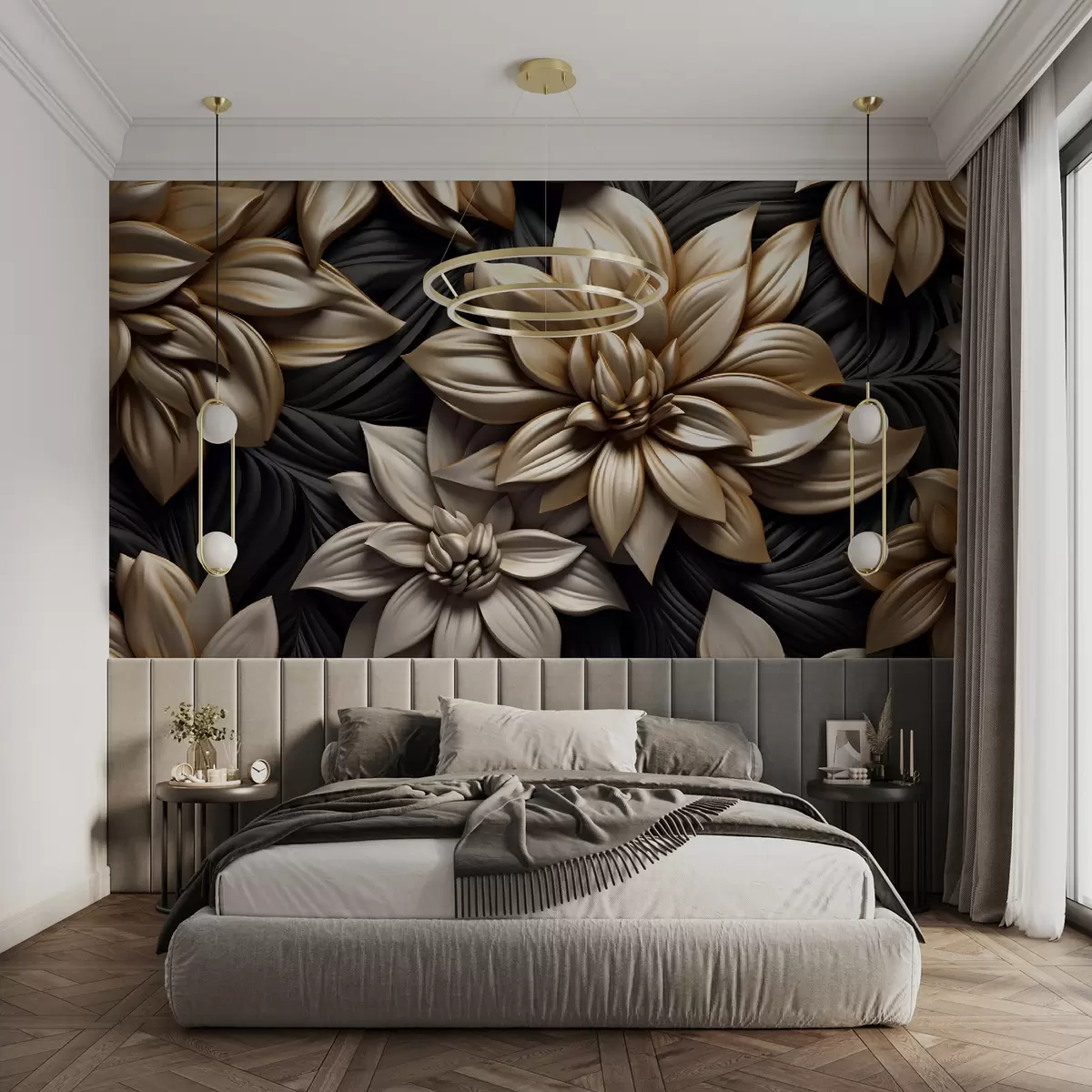 murales de pared Flores negras con efecto 3D u95252