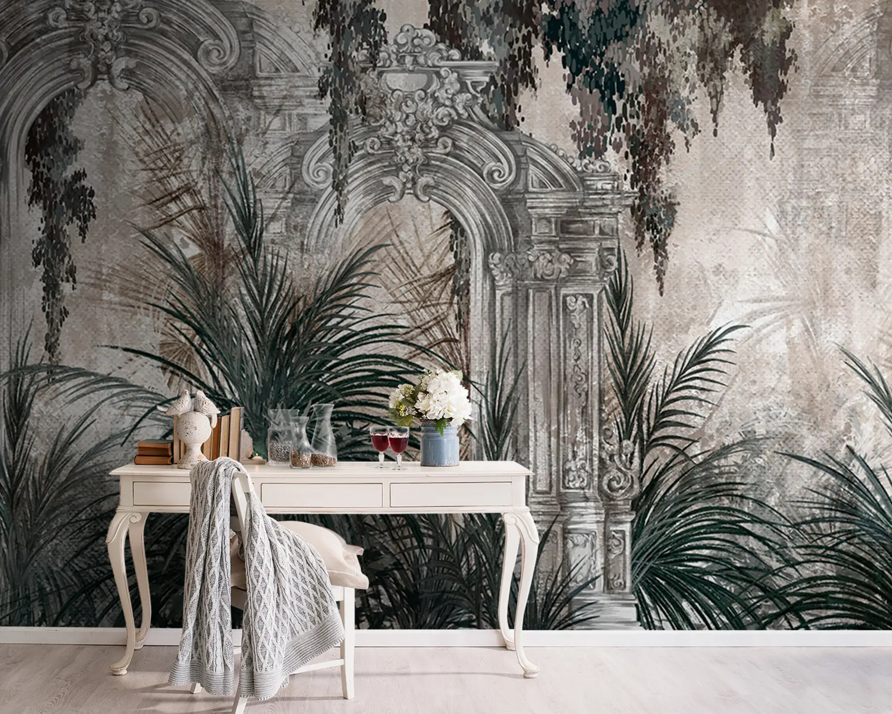 murales de pared Arquitectura antigua con hojas tropicales u95500