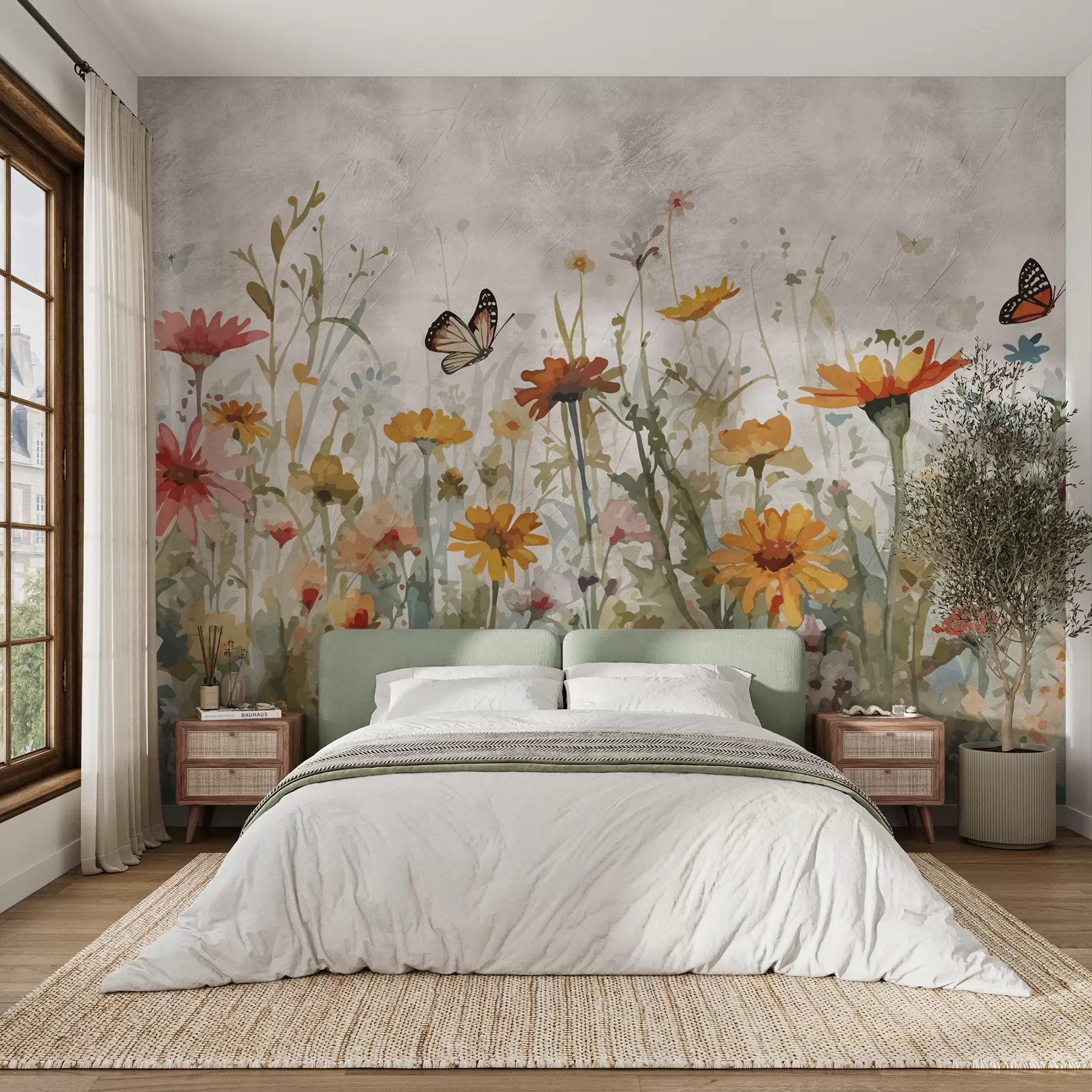 murales de pared Acuarela flores silvestres y mariposas u95406