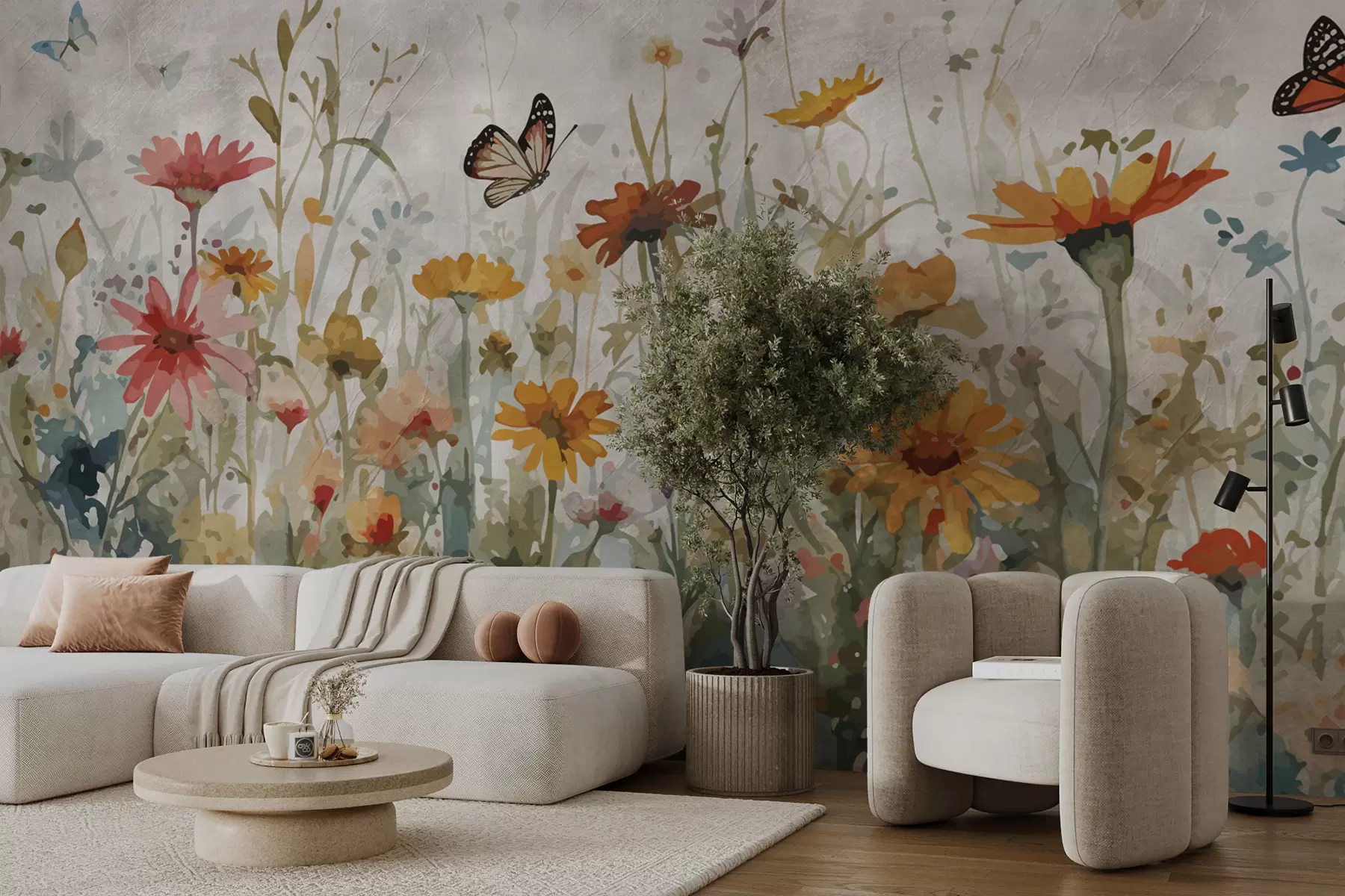 murales de pared Acuarela flores silvestres y mariposas u95406