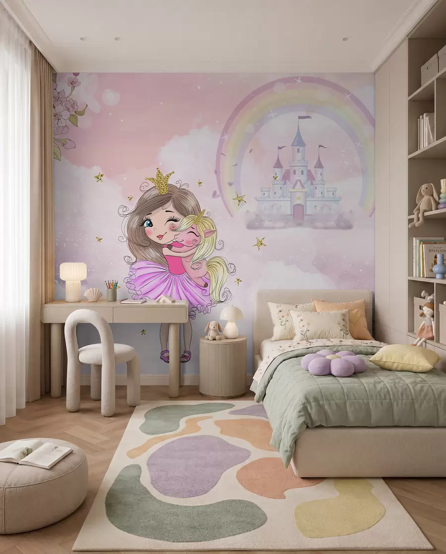 murales de pared Princesa y unicornio en el fondo del castillo con un arco iris u95401