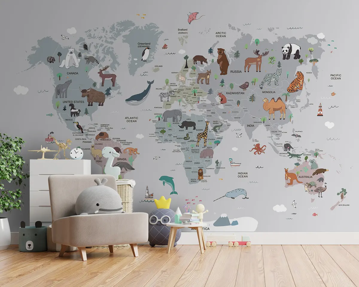 murales de pared Animales con mapa del mundo y nombres de países u95844